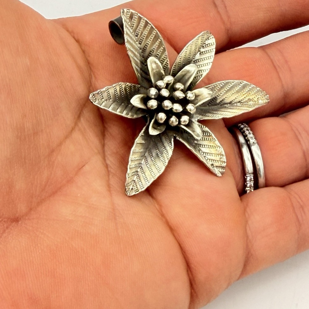 Vtg 999 Fine Silver Mountain Star Flower Pendant Hand Made Shiana Signed